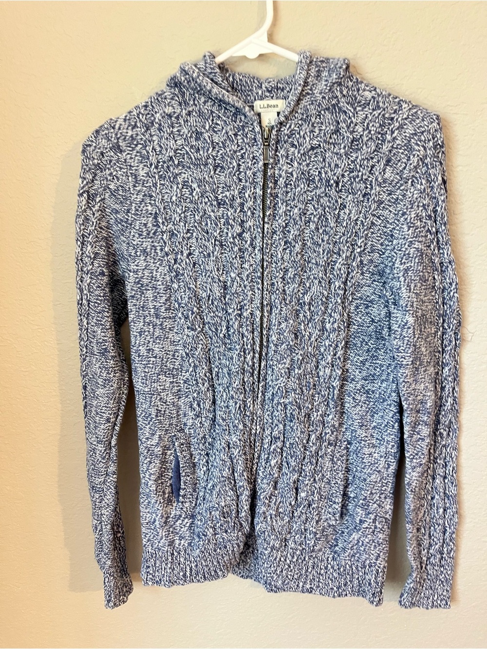 L.L.Bean Cable Knit Hooded Cardigan S Blue Fisherman Coastal Full Zip Cotton